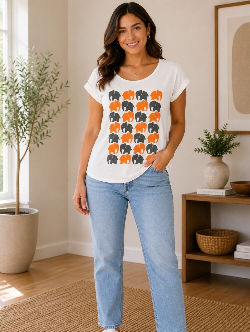 White Elephant Graphic T-Shirt Women’s Small Orange Black Animal Print Casual
